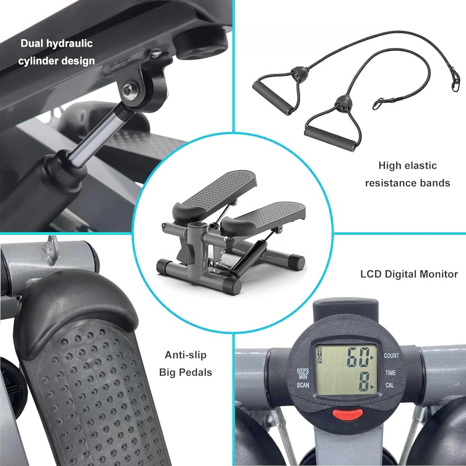 Sparta Mini Stepper Exercise Machine – Compact Fitness Stepper with LCD Display & Resistance Bands, Anti-Slip Foot Pedals, Portable Cardio Stepper for Home Workouts for Full-Body Conditioning