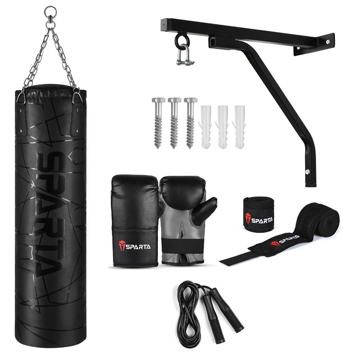 Punch Bag Boxing Bag Training, Filled 5ft 4ft 3ft Heavy Duty set, Wall Bracket Punching Gloves Steel Chain, Kickboxing MMA Grappling Muay Thai Karate BJJ, Adult Home Gym Fitness