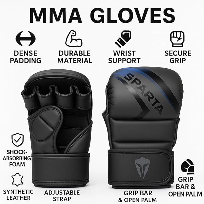 Sparta Matte Black MMA Gloves – PU Leather Grappling & Sparring Gloves for Men | Hybrid Training Gloves for Kickboxing & UFC | Open Palm Design with Wrist Support & Shock Absorbing Foam