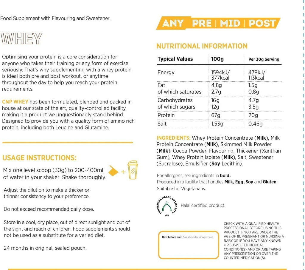 CNP Professional Premium Whey Protein Powder 2kg & 900g, 21g Protein, Low Carb, Easy Digestion, 66/30 Servings, Vegetarian, Halal