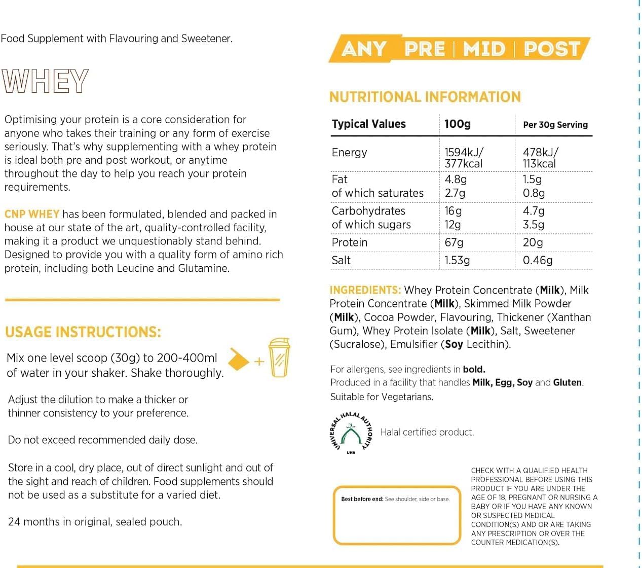 CNP Professional Premium Whey Protein Powder 2kg & 900g, 21g Protein, Low Carb, Easy Digestion, 66/30 Servings, Vegetarian, Halal