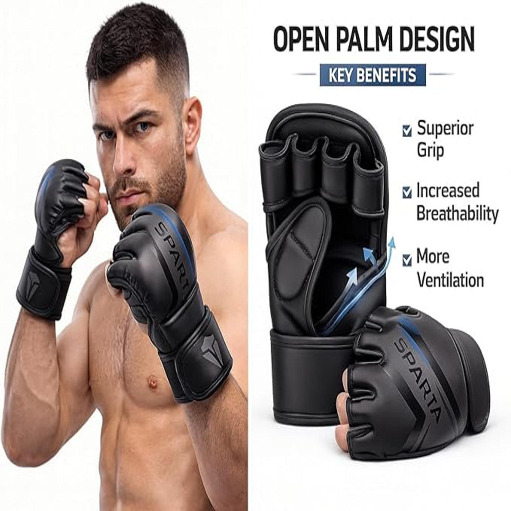 Sparta Matte Black MMA Gloves – PU Leather Grappling & Sparring Gloves for Men | Hybrid Training Gloves for Kickboxing & UFC | Open Palm Design with Wrist Support & Shock Absorbing Foam